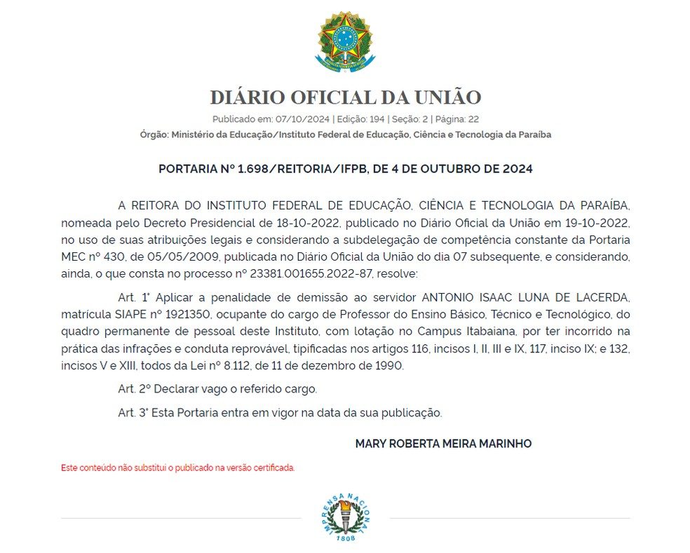 Professor do IFPB investigado por suspeita de assédio sexual contra estudantes é demitido 2 decisao do prpfessor